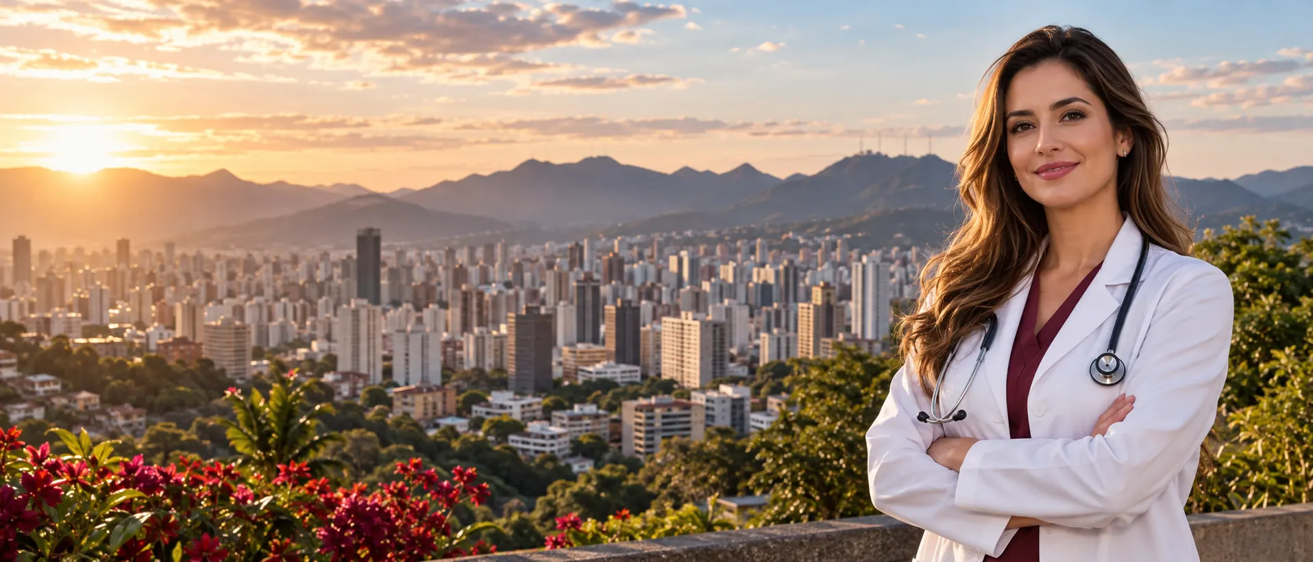 Vista inspirada em Belo Horizonte, com serras e médica ilustrativa em primeiro plano